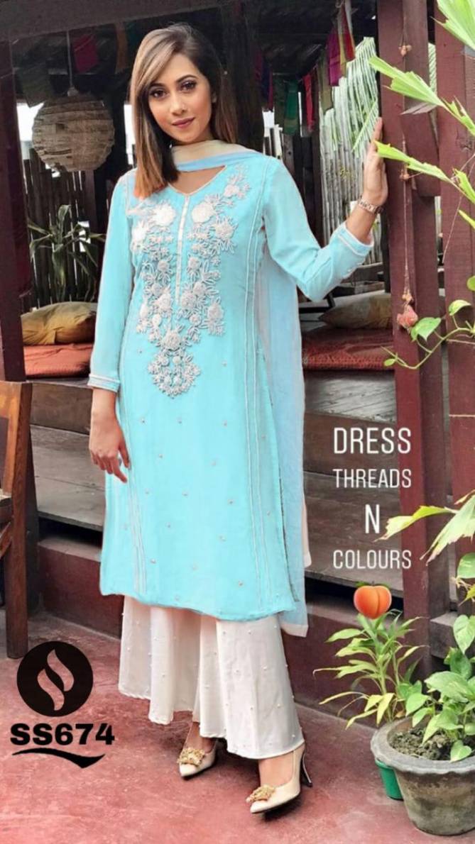 New Premium Quality Georgette Kurti Embroided Neck Moti Work With Plazo and Four Sided Border Net Dupatta  